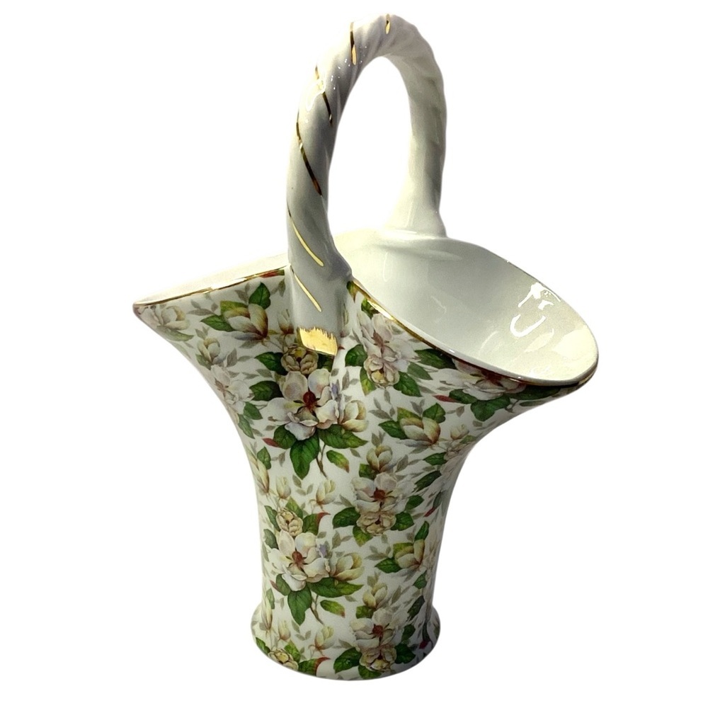Vintage Basket Vase Porcelain Formalities Baum Bros. Magnolia Chintz Gold Trim
